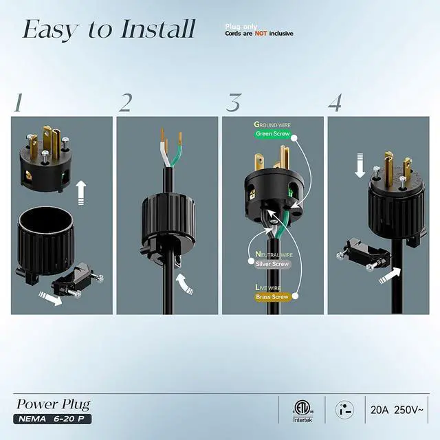 Alt view image 3 of 7 - NEMA 6-20P Male Plug, ETL Listed 20AMP/250VOLT,20A Straight DIY Male, USA/Canada 3-Prong Connector, 20A/250V Plug Household AC Industrial Grade Plugs Black Color