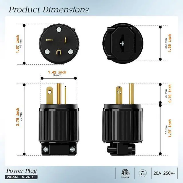 Alt view image 2 of 7 - NEMA 6-20P Male Plug, ETL Listed 20AMP/250VOLT,20A Straight DIY Male, USA/Canada 3-Prong Connector, 20A/250V Plug Household AC Industrial Grade Plugs Black Color