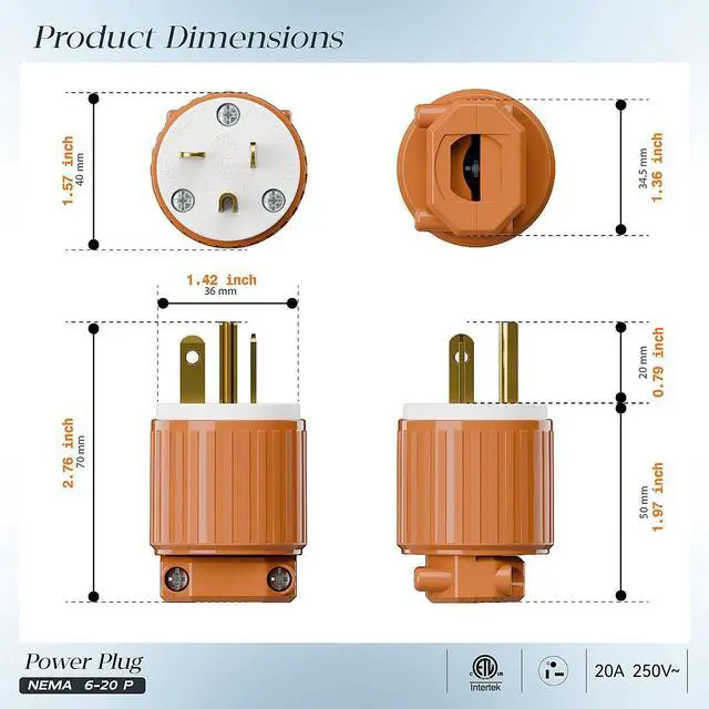 Alt view image 2 of 7 - NEMA 6-20P Male Plug, ETL Listed 20AMP/250VOLT,20A Straight DIY Male, USA/Canada 3-Prong Connector, 20A/250V Plug Household AC Industrial Grade Plugs Orange Color