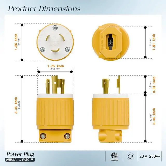 Alt view image 2 of 7 - NEMA L6-20P Locking Plug, Twist Lock L6-20 20Amp 250Volt Generator Plugs, Industrial Grade Lock in Male 20A/250V Connector, (ETL Listed) Heavy Duty Plug for Generators Yellow