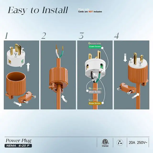 Alt view image 3 of 7 - NEMA 6-20P Male Plug, ETL Listed 20AMP/250VOLT,20A Straight DIY Male, USA/Canada 3-Prong Connector, 20A/250V Plug Household AC Industrial Grade Plugs Orange Color