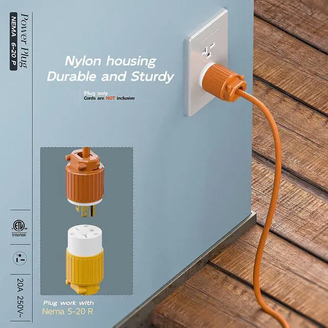 Alt view image 6 of 7 - NEMA 6-20P Male Plug, ETL Listed 20AMP/250VOLT,20A Straight DIY Male, USA/Canada 3-Prong Connector, 20A/250V Plug Household AC Industrial Grade Plugs Orange Color