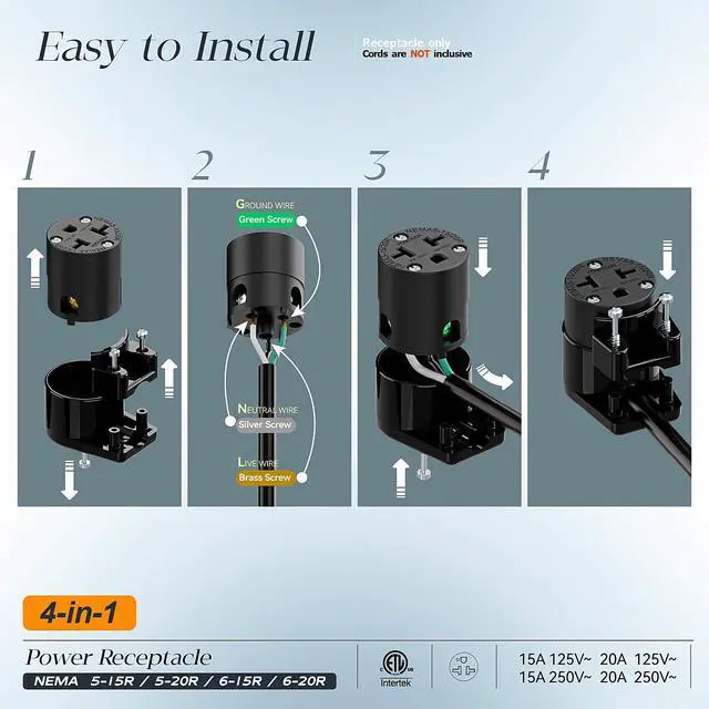 Alt view image 4 of 7 - (2PACK) Right Angled Four-in-One Heavy Duty Polarized NEMA 5-15R/5-20R/6-15R/6-20R Female Receptacle,15A/20A 125VOLT, 15A/20A 250V NEMA 4-in-1 Connector, Straight Female Socket Black
