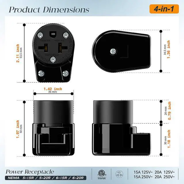 Alt view image 3 of 7 - (2PACK) Right Angled Four-in-One Heavy Duty Polarized NEMA 5-15R/5-20R/6-15R/6-20R Female Receptacle,15A/20A 125VOLT, 15A/20A 250V NEMA 4-in-1 Connector, Straight Female Socket Black