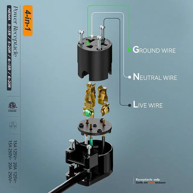 Alt view image 5 of 7 - (2PACK) Right Angled Four-in-One Heavy Duty Polarized NEMA 5-15R/5-20R/6-15R/6-20R Female Receptacle,15A/20A 125VOLT, 15A/20A 250V NEMA 4-in-1 Connector, Straight Female Socket Black