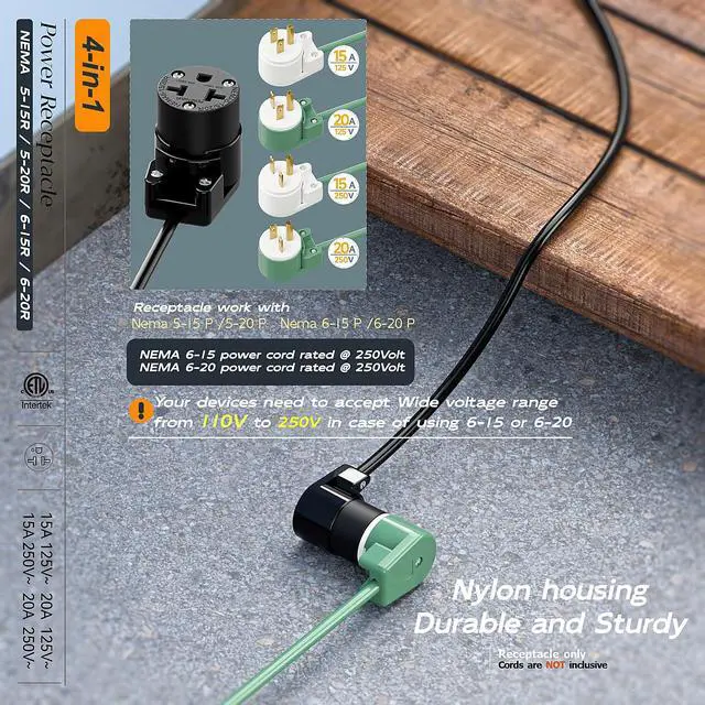 Alt view image 6 of 7 - (2PACK) Right Angled Four-in-One Heavy Duty Polarized NEMA 5-15R/5-20R/6-15R/6-20R Female Receptacle,15A/20A 125VOLT, 15A/20A 250V NEMA 4-in-1 Connector, Straight Female Socket Black