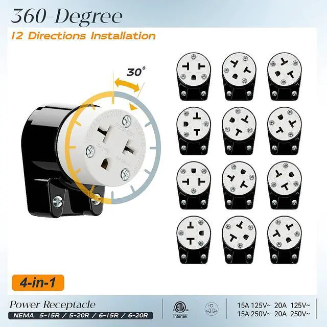 Alt view image 7 of 7 - Right Angled Four-in-One Heavy Duty Polarized NEMA 5-15R/5-20R/6-15R/6-20R Female Receptacle,15A/20A 125VOLT, 15A/20A 250V NEMA 4-in-1 Connector, Straight Female Socket Black and White