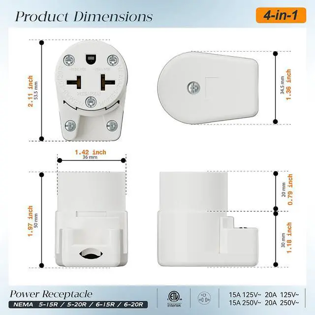 Alt view image 3 of 7 - Right Angled Four-in-One Heavy Duty Polarized NEMA 5-15R/5-20R/6-15R/6-20R Female Receptacle,15A/20A 125VOLT, 15A/20A 250V NEMA 4-in-1 Connector, Straight Female Socket White
