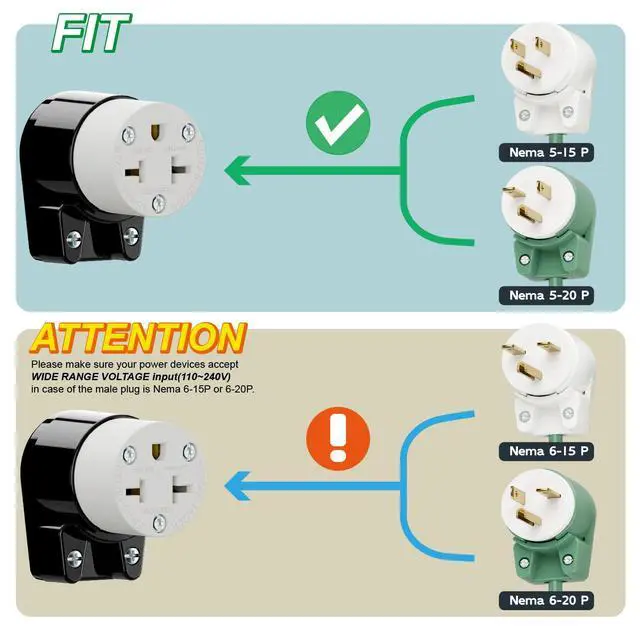 Alt view image 2 of 7 - (2PACK) Right Angled Four-in-One Heavy Duty Polarized NEMA 5-15R/5-20R/6-15R/6-20R Female Receptacle,15A/20A 125VOLT, 15A/20A 250V NEMA 4-in-1 Connector, Straight Female Socket Black