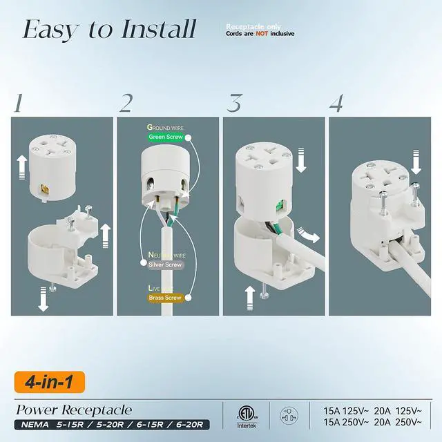 Alt view image 4 of 7 - Right Angled Four-in-One Heavy Duty Polarized NEMA 5-15R/5-20R/6-15R/6-20R Female Receptacle,15A/20A 125VOLT, 15A/20A 250V NEMA 4-in-1 Connector, Straight Female Socket White