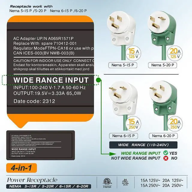 Alt view image 7 of 7 - Right Angled Four-in-One Heavy Duty Polarized NEMA 5-15R/5-20R/6-15R/6-20R Female Receptacle,15A/20A 125VOLT, 15A/20A 250V NEMA 4-in-1 Connector, Straight Female Socket White