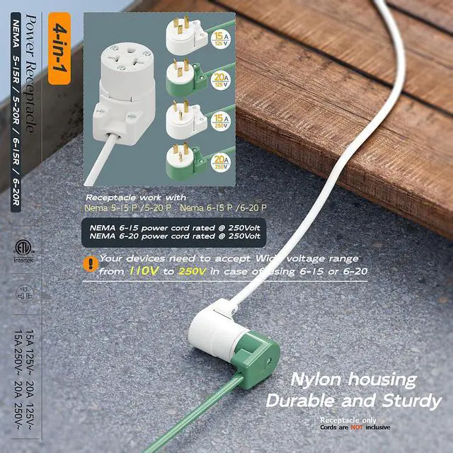 Alt view image 6 of 7 - Right Angled Four-in-One Heavy Duty Polarized NEMA 5-15R/5-20R/6-15R/6-20R Female Receptacle,15A/20A 125VOLT, 15A/20A 250V NEMA 4-in-1 Connector, Straight Female Socket White
