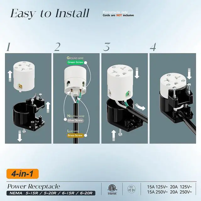 Alt view image 3 of 7 - Right Angled Four-in-One Heavy Duty Polarized NEMA 5-15R/5-20R/6-15R/6-20R Female Receptacle,15A/20A 125VOLT, 15A/20A 250V NEMA 4-in-1 Connector, Straight Female Socket Black and White