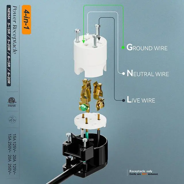 Alt view image 4 of 7 - Right Angled Four-in-One Heavy Duty Polarized NEMA 5-15R/5-20R/6-15R/6-20R Female Receptacle,15A/20A 125VOLT, 15A/20A 250V NEMA 4-in-1 Connector, Straight Female Socket Black and White