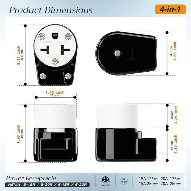 Alt view image 2 of 7 - Right Angled Four-in-One Heavy Duty Polarized NEMA 5-15R/5-20R/6-15R/6-20R Female Receptacle,15A/20A 125VOLT, 15A/20A 250V NEMA 4-in-1 Connector, Straight Female Socket Black and White