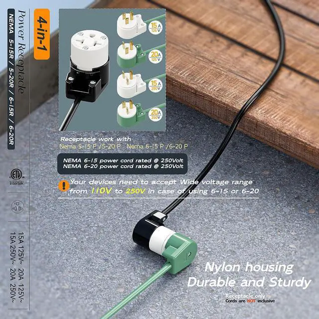 Alt view image 5 of 7 - Right Angled Four-in-One Heavy Duty Polarized NEMA 5-15R/5-20R/6-15R/6-20R Female Receptacle,15A/20A 125VOLT, 15A/20A 250V NEMA 4-in-1 Connector, Straight Female Socket Black and White