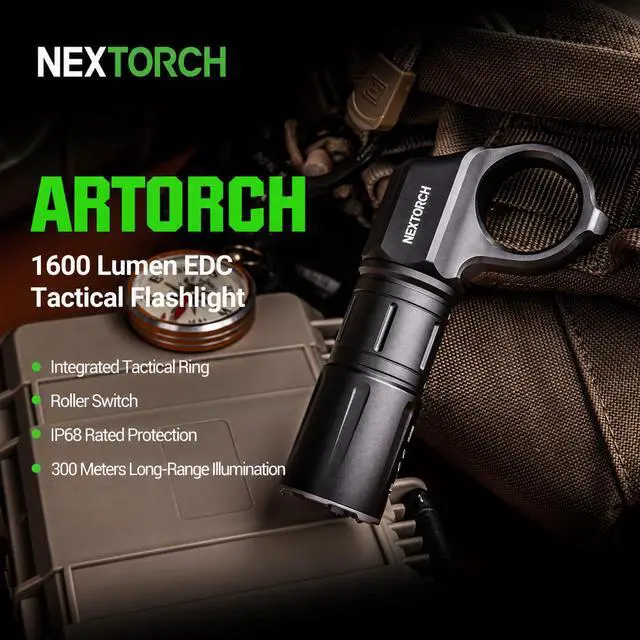 Alt view image 2 of 7 - NEXTORCH ARTORCH 1600 Lumen Tactical Flashlight 300m Long-Range LED Torch | Compact EDC Rechargeable Light with Integrated Ring, IP68 Waterproof, Roller Switch with Strobe for Outdoor, Camping, Hiking