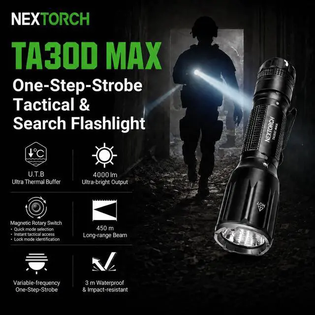 Alt view image 2 of 7 - NEXTORCH TA30D MAX 4000 High Lumens Tactical Flashlight Rechargeable LED | Black Anodizing with 5 Modes & Strobe 450 Meters Beam for Special Outdoor Operations, Night Searches, etc