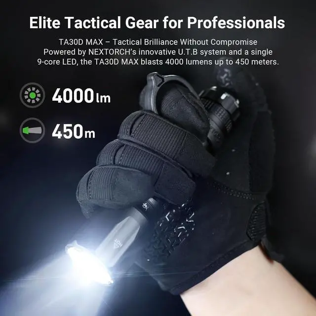 Alt view image 3 of 7 - NEXTORCH TA30D MAX 4000 High Lumens Tactical Flashlight Rechargeable LED | Black Anodizing with 5 Modes & Strobe 450 Meters Beam for Special Outdoor Operations, Night Searches, etc