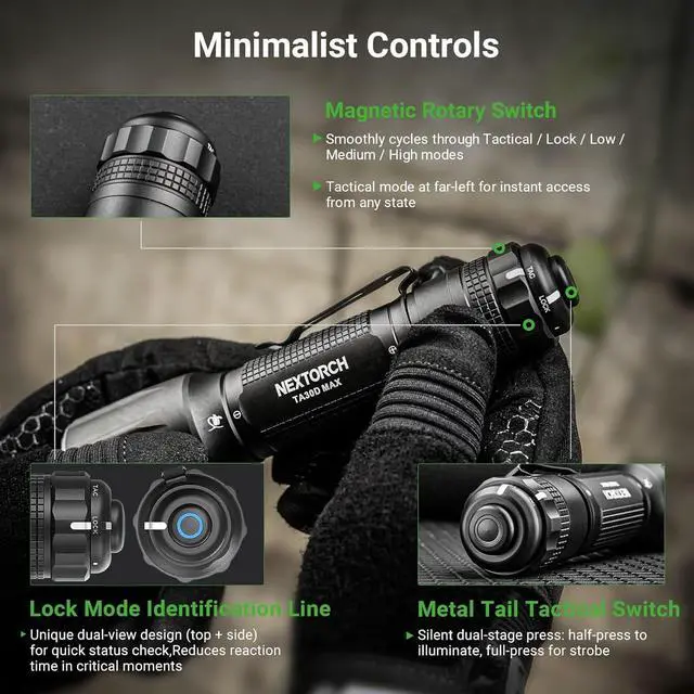 Alt view image 4 of 7 - NEXTORCH TA30D MAX 4000 High Lumens Tactical Flashlight Rechargeable LED | Black Anodizing with 5 Modes & Strobe 450 Meters Beam for Special Outdoor Operations, Night Searches, etc