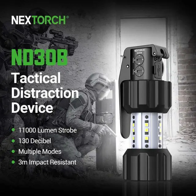 Alt view image 2 of 7 - NEXTORCH ND30B 11,000 Lumen Civilian Electronic Tactical Distraction Device | 360° Strobe Light & 130dB Audio Output with Anti-Slip Rubber Grip, Signaling for Training, Home Preparedness, Simulations
