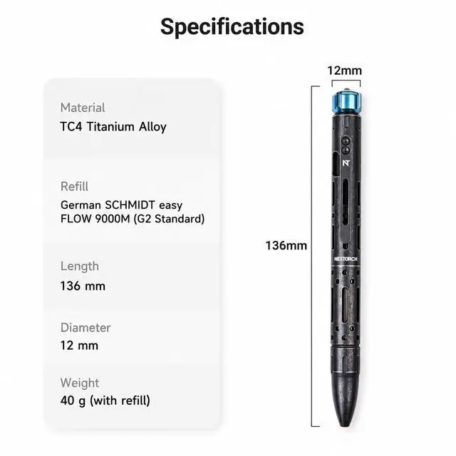 Alt view image 3 of 7 - NEXTORCH NP12 Ti Titanium Alloy Pen with Stress-Relief Spinner & Bolt-Action Design Black Stonewashed Finish, Smooth Writing with German SCHMIDT Refill, Lightweight EDC Carry