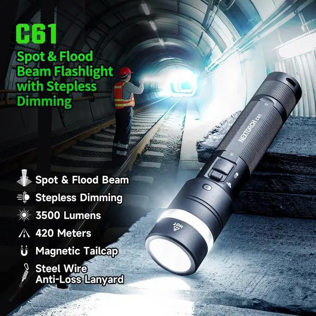 Alt view image 2 of 7 - NEXTORCH C61 3500 Lumen High Lumens LED Work Flashlight 420 Meters IP67 | Search Light Rechargeable with Wire Lanyard Ring, Magnetic Base, for Camping, Car Repair Maintenance, Hands-Free Operation