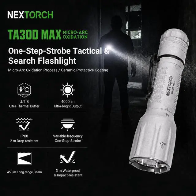 Alt view image 2 of 7 - NEXTORCH TA30D MAX 4000 High Lumens Tactical Flashlight LED Rechargeable | Micro-Arc Oxidation Coating with Professional 5 Modes 450 Meters Beam for Outdoor Operations, Night Searches, Patrol, etc