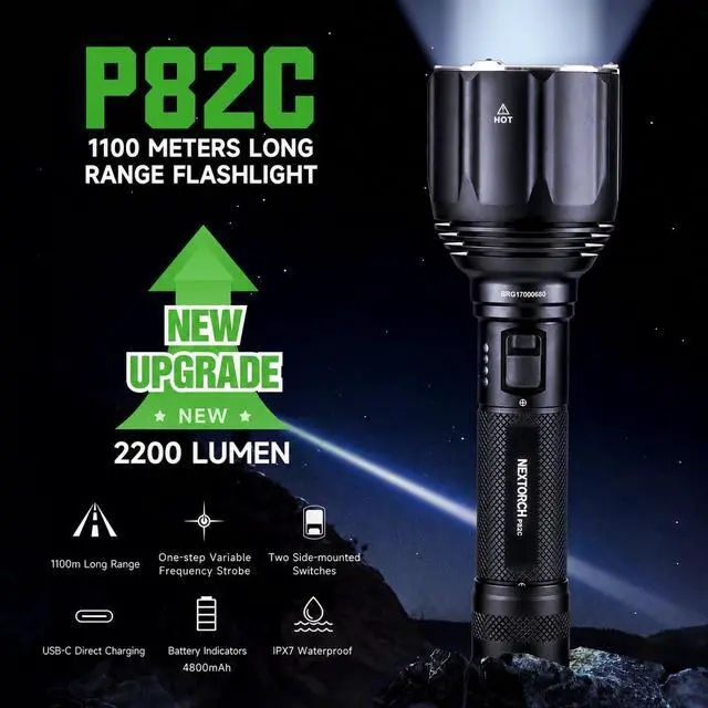 Alt view image 2 of 7 - NEXTORCH P82C 1100 Meters Long Range Tactical Flashlight 2200 High Lumens | LED Handheld Torch Ultra Bright, Searchlight with USB-C Rechargeable for Duty Patrol, Outdoor, Camping, Pathfinding