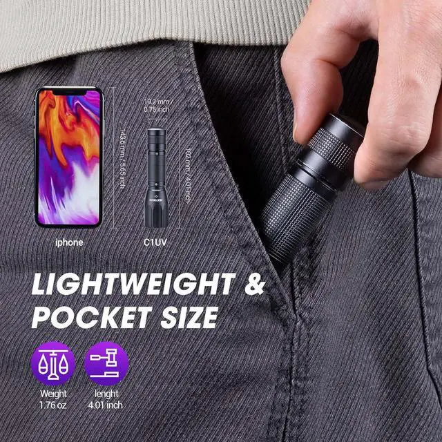 Alt view image 3 of 7 - NEXTORCH C1UV 365nm UV Light Led Blacklight Flashlights Resin Curing Light | Pocket-Size UV Detector Ultraviolet LED Torch for Pets Urine and Find Stains on Carpet, Rugs 3D Printed Light