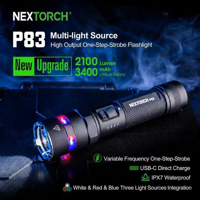 Alt view image 2 of 7 - NEXTORCH P83 Police Tactical Flashlight 2100 Lumens LED Rechargeable 380m | 380 Meter White with Red & Blue Warning Signal Light, USB-C Charging, 3400mAh Battery for Outdoor, Patrol, Camping, Duty
