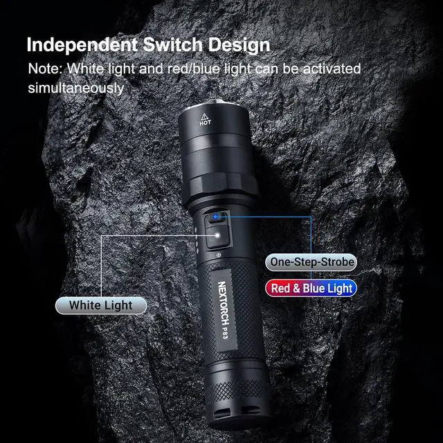 Alt view image 6 of 7 - NEXTORCH P83 Police Tactical Flashlight 2100 Lumens LED Rechargeable 380m | 380 Meter White with Red & Blue Warning Signal Light, USB-C Charging, 3400mAh Battery for Outdoor, Patrol, Camping, Duty