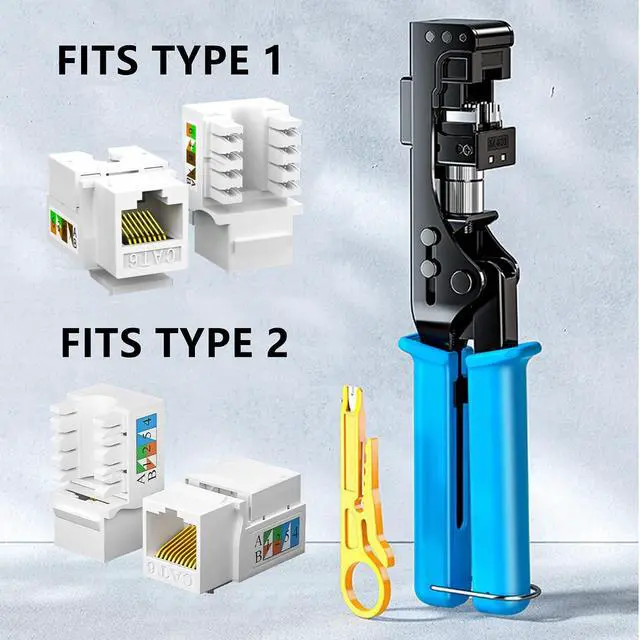 Alt view image 2 of 7 - Yankok 90 Degree Punch Down Tool with 5 Keystone Jacks in White SPECIFIC MODULAR FIT CAT5/5e and CAT6/6A Modular Fast Termination Crimper, One Hand Operation Blue