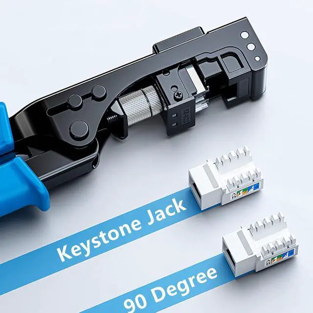 Alt view image 3 of 7 - Yankok 90 Degree Punch Down Tool with 5 Keystone Jacks in White SPECIFIC MODULAR FIT CAT5/5e and CAT6/6A Modular Fast Termination Crimper, One Hand Operation Blue