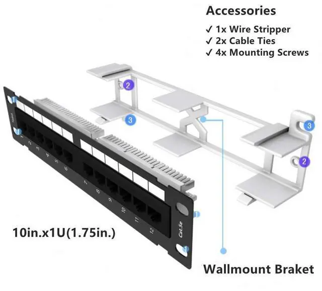 Alt view image 3 of 7 - Yankok [CAT5/5e 12 Port Patch Panel Unshielded with Coded T568A/B Wiring for RJ45 Network Cables Rack/Wall Mount 10in.x1U (Come with Bracket and Mini Cable Stripper Cutter)