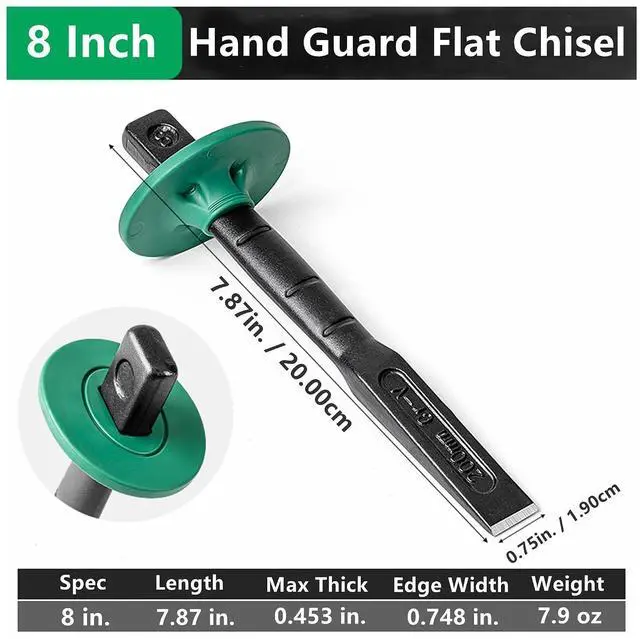 Alt view image 2 of 7 - Yankok 8in. Flat Chisel with Hand Guard Green, 0.75in. Cut 7.87in. Handle Chrome Vanadium Alloy Steel, Flat-oval Shape Heavy Duty for Brick Masonry Concrete Hardwood