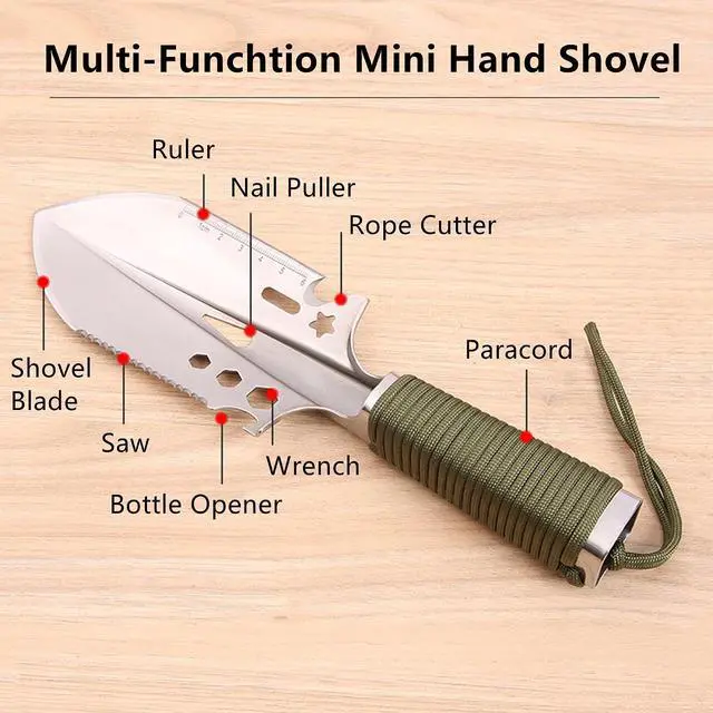 Alt view image 3 of 7 - Yankok 10" Multifunction Mini Hand Shovel, 9 in 1 Ultralight Stainless Steel Trowel with Carry Pouch for Camping Gardening Hiking Outdoor Survival