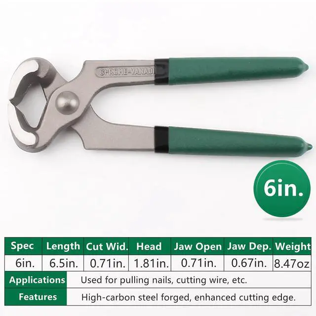 Alt view image 2 of 7 - Yankok 6" Nail Puller Tool, 0.71in. Jaw Clearance Green Handle Grip, Nails Screws Trims Wires, and Staples Leverage Pliers Pincer, Labor-Saving, High Hardness, Durability and Rusting
