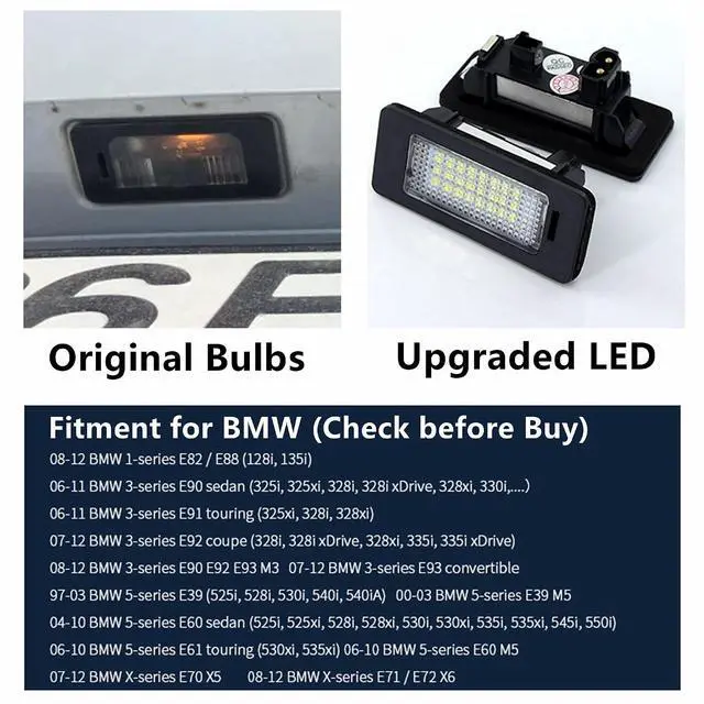 Alt view image 3 of 7 - Yankok LED License Plate Lights Compatible with Bimmer 1 3 4 5 Series E82 E88 E90 E91 E92 E93 E39 E60 E61 E70 E71 E72 X1 X3 X5 X6 M3 M4 Tag Lamp Assembly 6000K Canbus Error Free 2 Pack