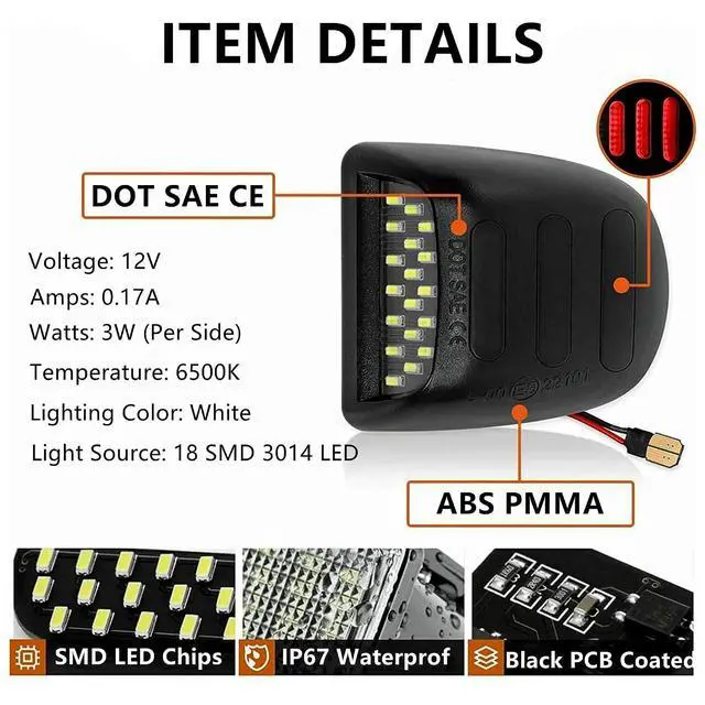 Alt view image 3 of 7 - Yankok LED License Plate Lights for Silverado Suburban Tahoe Avalanche Traverse Sierra Yukon & Yukon XL Escalade & EXT 6500K White & Red Tag Lamp Assembly