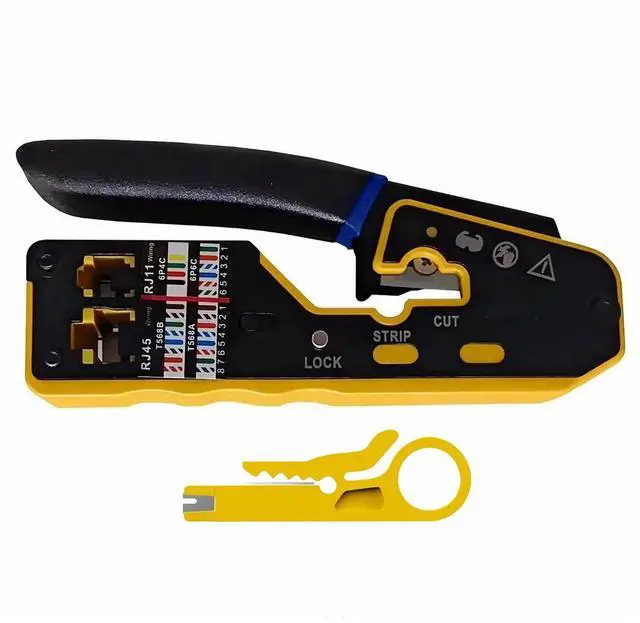 Main image of Yankok 6088N RJ45 Pass Through Crimper Crimps CAT5 CAT6 Network Connectors Strip and Cut Ethernet Cable Excess Wire RJ12/11 Crimp Tool Yellow