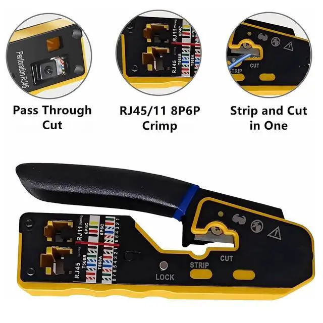 Alt view image 2 of 7 - Yankok 6088N RJ45 Pass Through Crimper Crimps CAT5 CAT6 Network Connectors Strip and Cut Ethernet Cable RJ12/11 Crimp Tool Yellow (with Blade Set and Wire Stripper)
