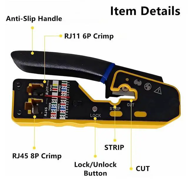Alt view image 3 of 7 - Yankok 6088N RJ45 Pass Through Crimper Crimps CAT5 CAT6 Network Connectors Strip and Cut Ethernet Cable RJ12/11 Crimp Tool Yellow (with Blade Set and Wire Stripper)