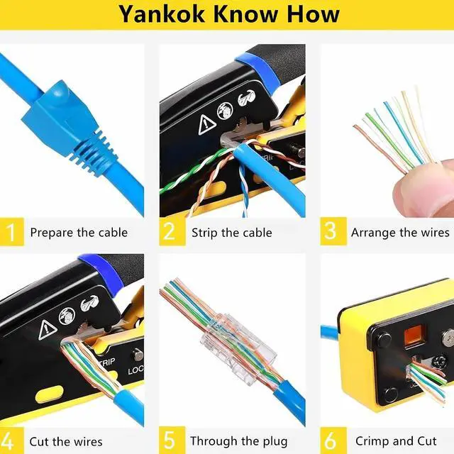 Alt view image 4 of 7 - Yankok 6088N RJ45 Pass Through Crimper Crimps CAT5 CAT6 Network Connectors Strip and Cut Ethernet Cable RJ12/11 Crimp Tool Yellow (with Blade Set and Wire Stripper)