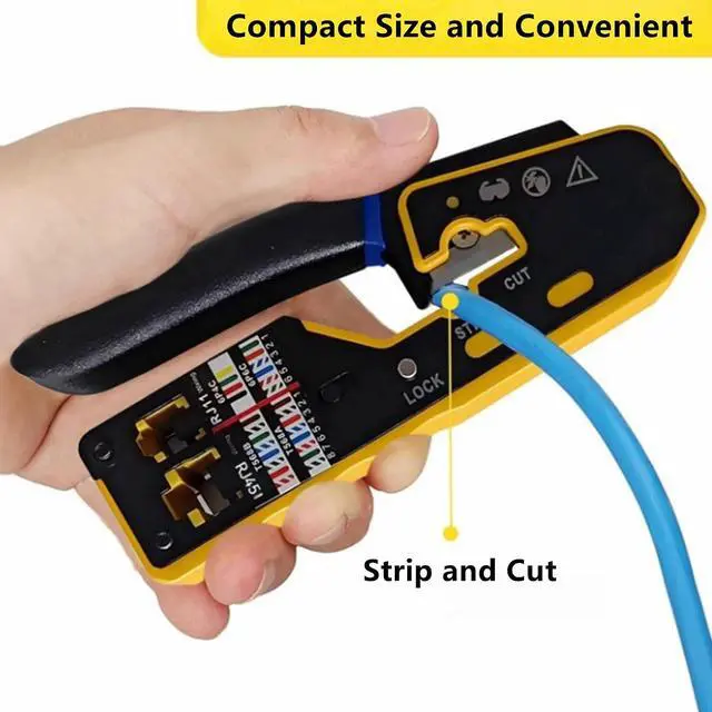 Alt view image 5 of 7 - Yankok 6088N RJ45 Pass Through Crimper Crimps CAT5 CAT6 Network Connectors Strip and Cut Ethernet Cable RJ12/11 Crimp Tool Yellow (with Blade Set and Wire Stripper)