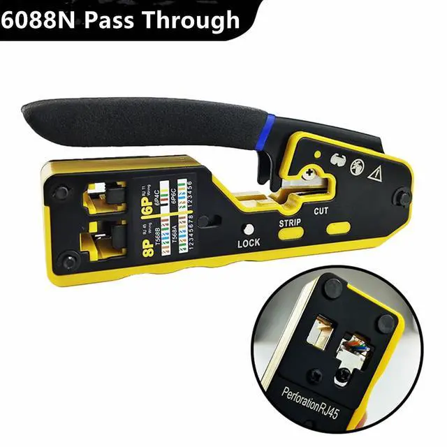Alt view image 7 of 7 - Yankok 6088N RJ45 Pass Through Crimper Crimps CAT5 CAT6 Network Connectors Strip and Cut Ethernet Cable RJ12/11 Crimp Tool Yellow (with Blade Set and Wire Stripper)
