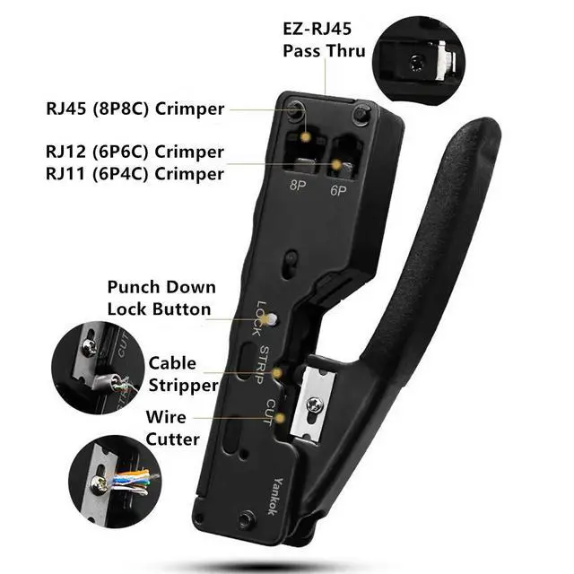 Alt view image 2 of 7 - Yankok Pass Through Crimper for RJ45 Pass-thru and RJ45 RJ12 RJ11 8P 6P Regular Network Connectors Crimp Strip Cut CAT5 CAT6 CAT7 Unshielded and Shielded Cables (Built-in Pass Thru Blade)