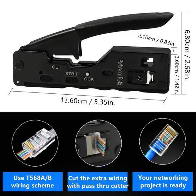 Alt view image 3 of 7 - Yankok Pass Through Crimper for RJ45 Pass-thru and RJ45 RJ12 RJ11 8P 6P Regular Network Connectors Crimp Strip Cut CAT5 CAT6 CAT7 Unshielded and Shielded Cables (Built-in Pass Thru Blade)