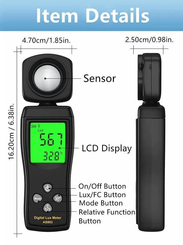 Alt view image 3 of 7 - Yankok AS803 Smart Digital Light Meter 1-200000 Lux Auto Measurement Lumen Checker Tools with High Accuracy 180D Rotatable Sensor