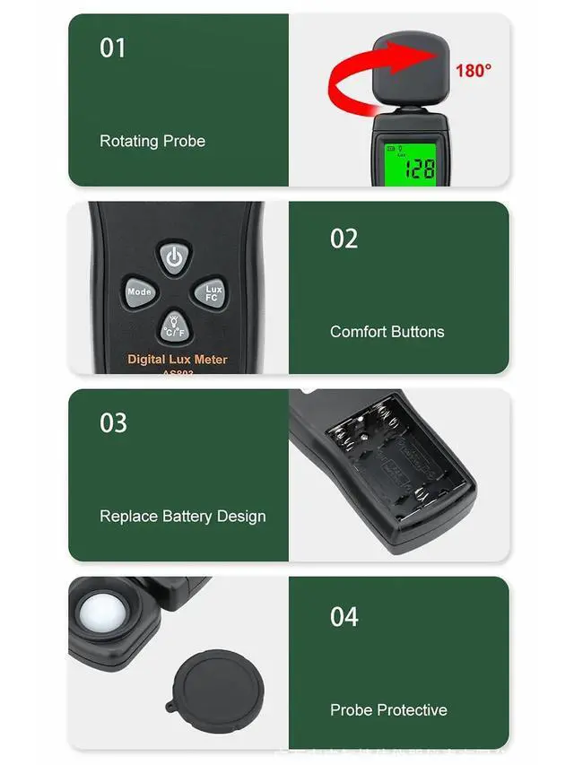 Alt view image 6 of 7 - Yankok AS803 Smart Digital Light Meter 1-200000 Lux Auto Measurement Lumen Checker Tools with High Accuracy 180D Rotatable Sensor